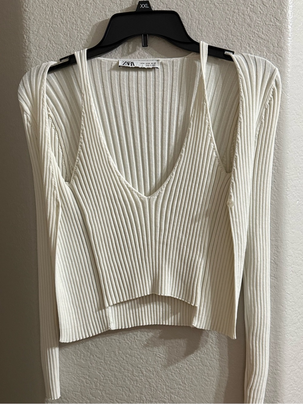 Zara Cream Ribbed V-Neck Layered Camisole with Shrug